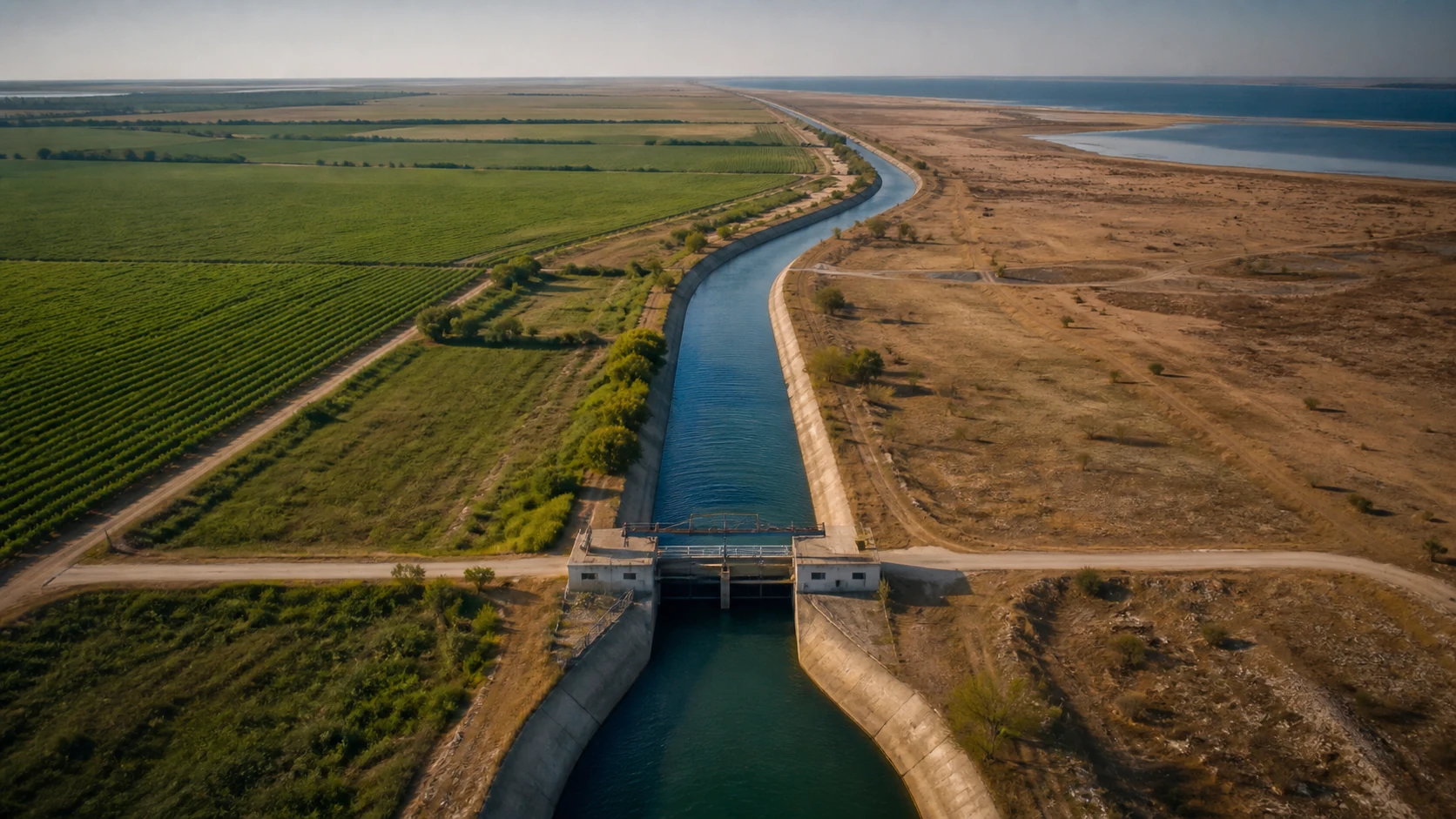Aerial visual interpretation of an irrigation canal dividing cultivated and dry land