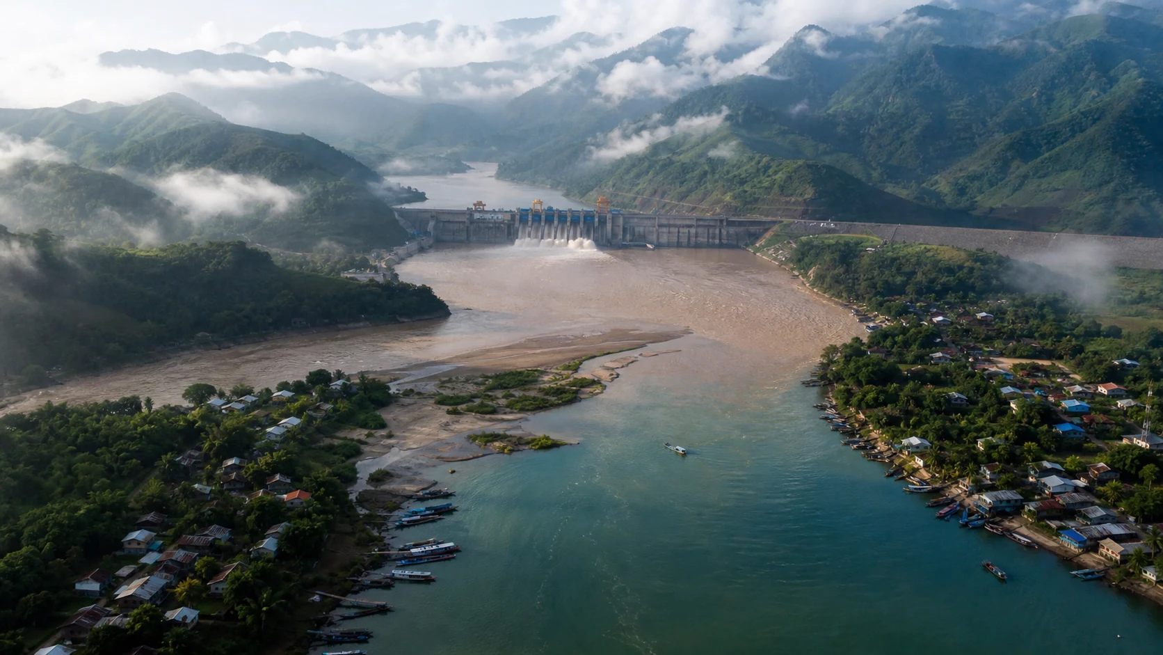 Aerial visual interpretation of a Mekong hydropower dam and downstream communities